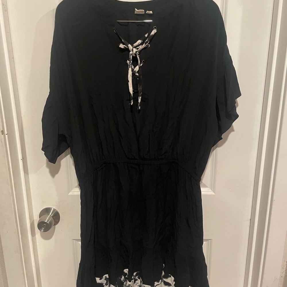 Gap Black Tie-Neck Short Sleeve Dress with White‎ Tie Detail Size XL